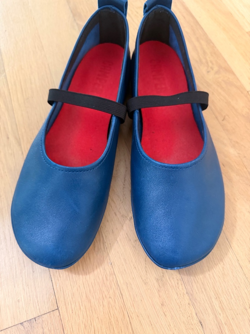 Camper Navy Mary Jane Shoes with Red Insole